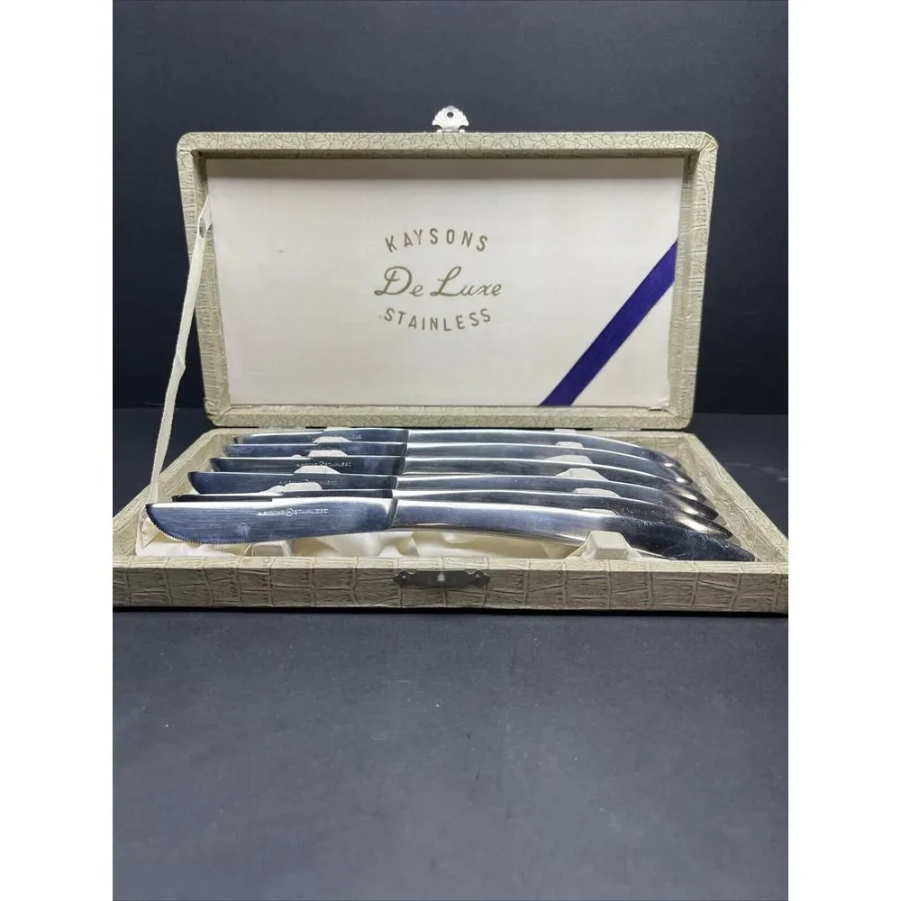 Vintage Kaysons De Luxe Stainless Knife Set of 6 Curved Handle box MCM Sleek‎